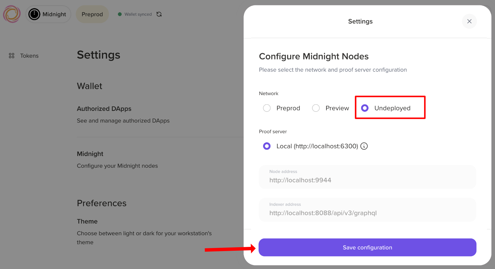 Lace wallet network settings with the Undeployed network selected