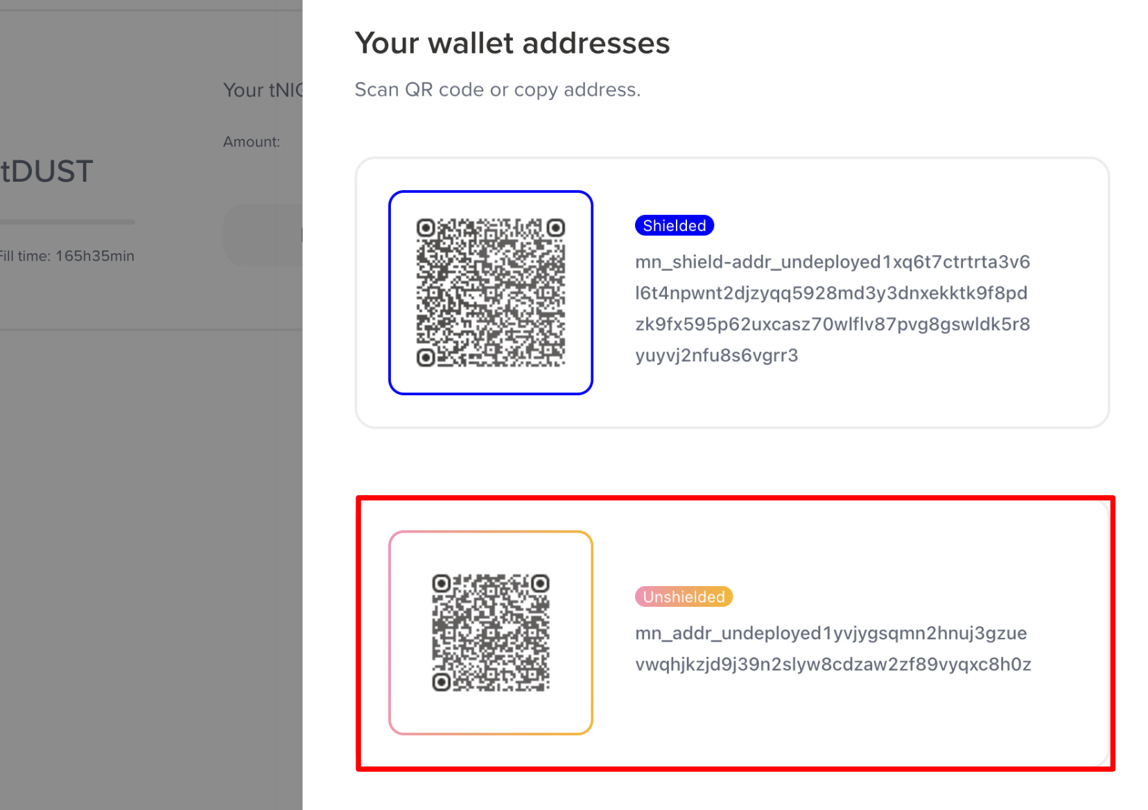 Lace wallet addresses with the Unshielded undeployed address highlighted